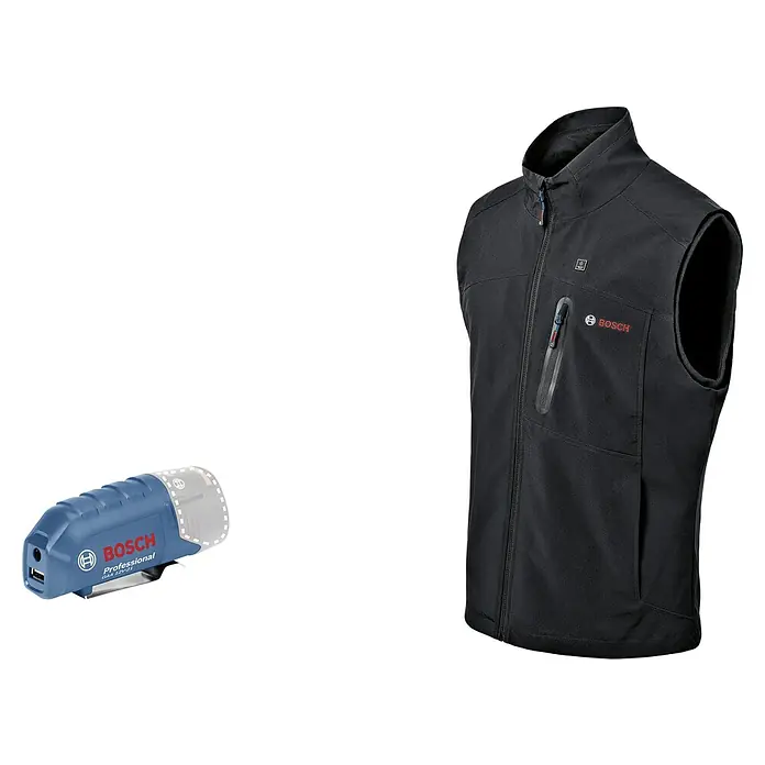 Bosch Professional Arbeitsweste GHV beheizbar - 2 -tlg., Akkuspannung: 12 V, XL - Bosch beheizbare Weste mit Batterieadapter. Die Weste ist schwarz und der Adapter ist blau.