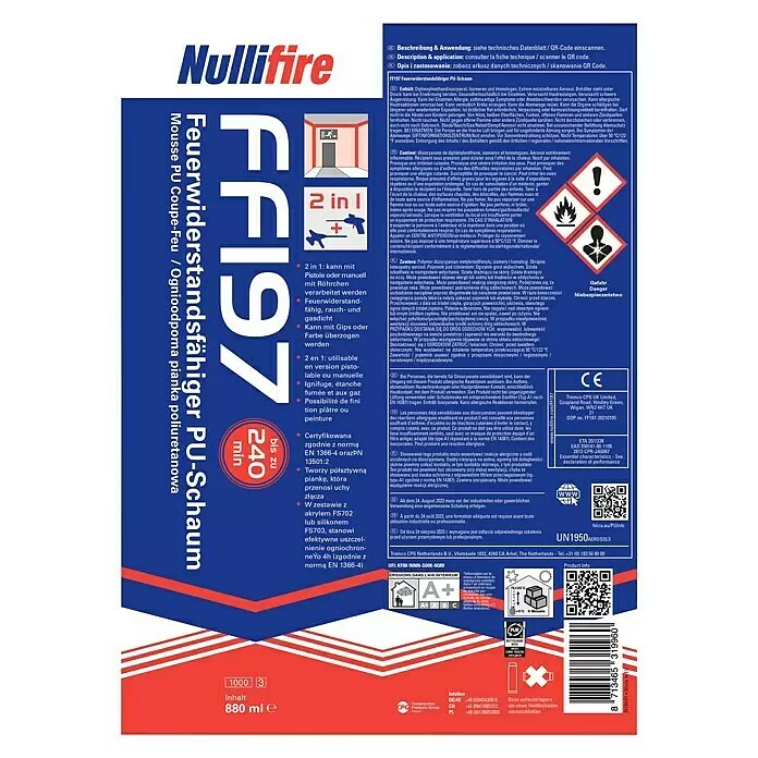 Brandschutzschaum Nullifire FF197 B1 - 880 ml, Modifizierter 1-Komponenten-PU-Schaum - Vorderansicht