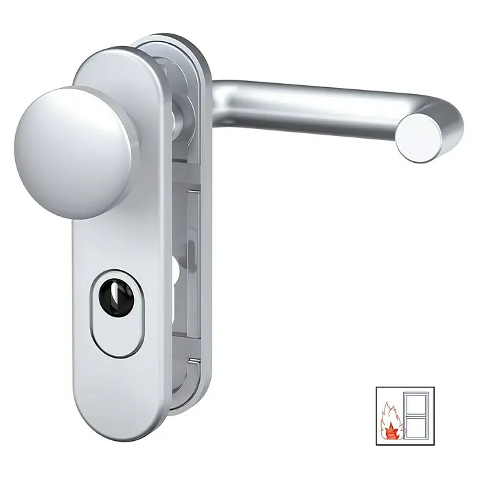 Basi Schutzbeschlag SB/FS 2200K ES1Feuerschutztür, Aluminium, Knopf außen, Drücker innen, Mit Zylinderabdeckung, Stärke Tür: 44 mm - 66 mm - Ein silberfarbener Türdrücker mit rundem Knauf und Schlüsselloch, ideal für moderne Inneneinrichtungen, bietet sowohl Funktionalität als auch elegantes Design.