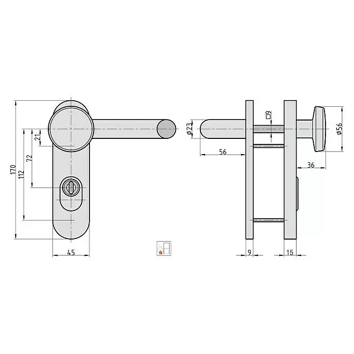 Basi Schutzbeschlag SB/FS 2200K ES1Feuerschutztür, Edelstahl, Knopf außen, Drücker innen, Mit Zylinderabdeckung, Stärke Tür: 44 mm - 66 mm