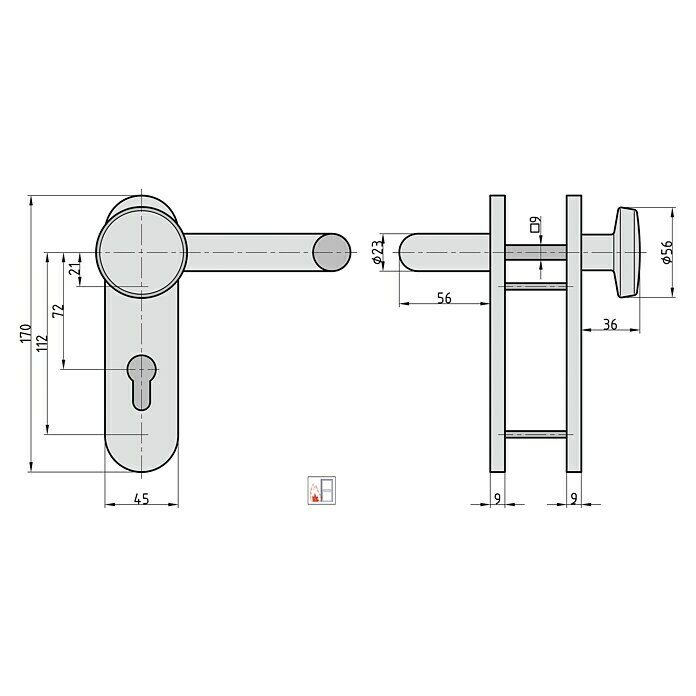 Basi Schutzbeschlag ZT/FS 2150 (Feuerschutztür, Schwarz, Türstärke: 44 mm - 66 mm, Knopf außen, Drücker innen, Abgerundet) | BAUHAUS