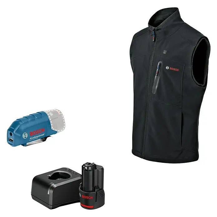 Bosch Professional Arbeitsweste GHV beheizbar - 4 -tlg., Akkuspannung: 12 V, L - Das Bild zeigt eine Bosch-Heizweste, einen Akku, ein Ladegerät und einen Akku-Adapter, die für Komfort und Funktionalität sorgen.