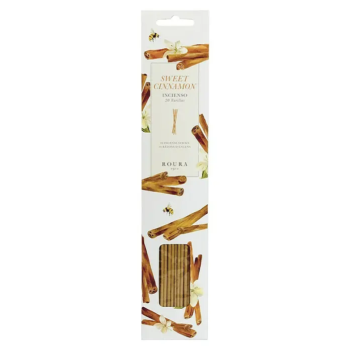 Ceras Roura Conos de incienso aromático - Canela, 20 pzs. - Incienso de canela dulce de Roura 1912. Paquete de 20 varillas de incienso con diseño de canela y abejas.