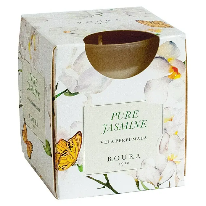 Ceras Roura Vaso con vela - Ø x Al: 7 x 8,5 cm, Jazmín - Caja blanca de vela perfumada Roura Pure Jasmine con diseño floral y de mariposas, revelando un recipiente de vela marrón oscuro.
