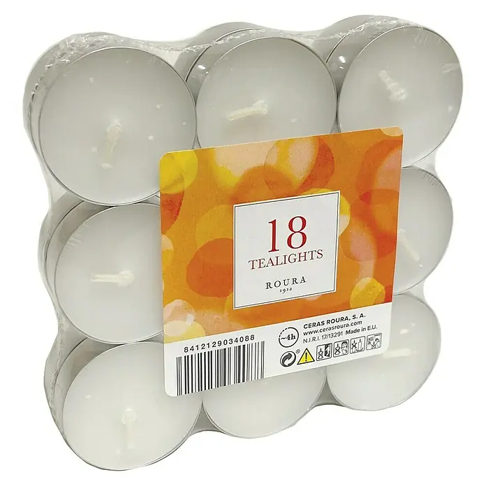 Ceras Roura Vela de té - Ø x Al: 38 x 15 mm, Blanco, Tiempo de combustión aprox.: 4 h, 18 ud. - Paquete de 18 velas de té Roura. Las velas están empaquetadas en un envoltorio de plástico transparente.