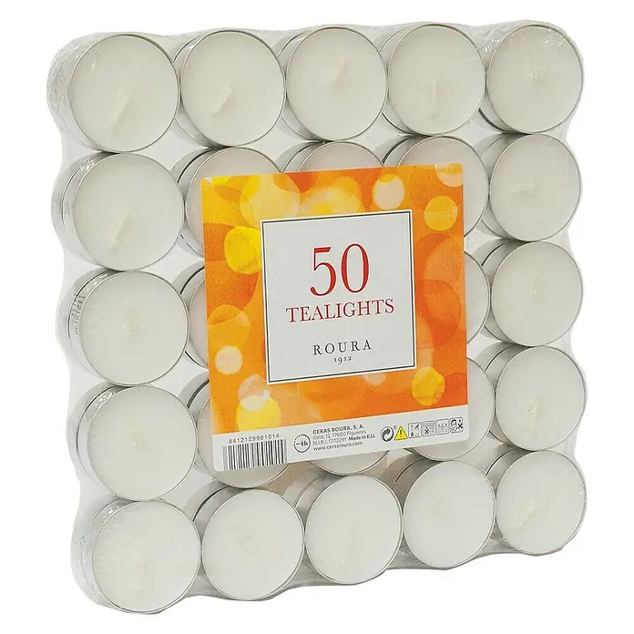 Ceras Roura Vela de té - Ø x Al: 38 mm x 16 cm, Blanco, Tiempo de combustión aprox.: 4 h, 50 ud. - Un paquete de 50 velas de té Roura, perfectas para crear un ambiente acogedor. Las velas de té vienen en un embalaje de plástico transparente.