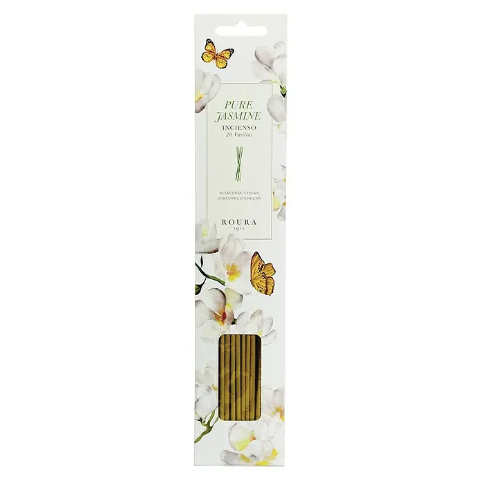 Ceras Roura Conos de incienso aromático - Jazmín, 20 pzs. - Empaquetado de incienso Pure Jasmine. El diseño incluye elementos florales y una mariposa para una estética atractiva.