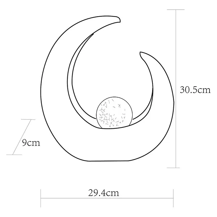Globo Solar-Dekoleuchte Mondsichel - 0,06 W, L x B x H: 29,4 x 9 x 30,5 cm, Braun, IP44 - Abbildung einer Mondlampe mit Kugel in der Mitte und Maßangaben für Höhe, Breite und Tiefe.