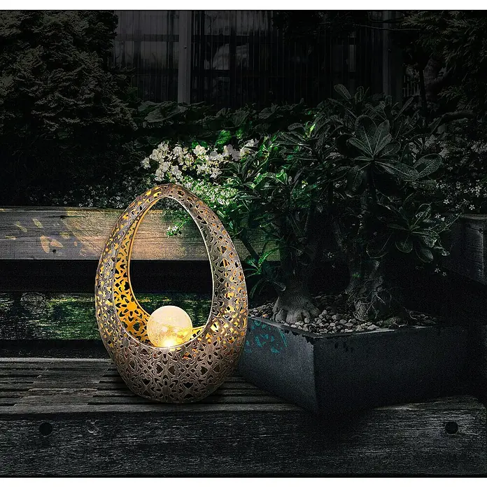 Globo Solar-Dekoleuchte - L x B x H: 21,5 x 9,5 x 27,5 cm, Gold, Bronze, IP44 - Dekorative Solarleuchte in Ei-Form mit filigranem Muster und warmweiß leuchtender Kugel, perfekt für Garten und Terrasse.