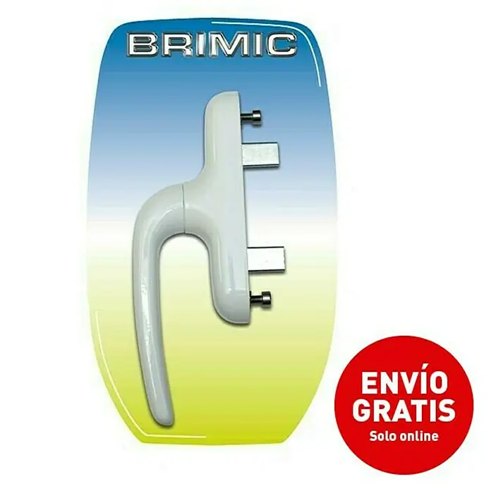 Micel Brimic Manilla para ventana 6829 - Largo: 26 cm, Negro, Aluminio - Imagen de una manija de ventana BRIMIC blanca, envasada en una tarjeta azul y amarilla.