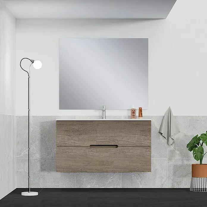 Artysan Mueble bajo de lavabo India Slim - L x An x Al: 39 x 100 x 54,5 cm, Nebraska - Mueble de baño con acabado en madera y espejo grande. Diseño elegante con lavabo integrado y grifo minimalista.