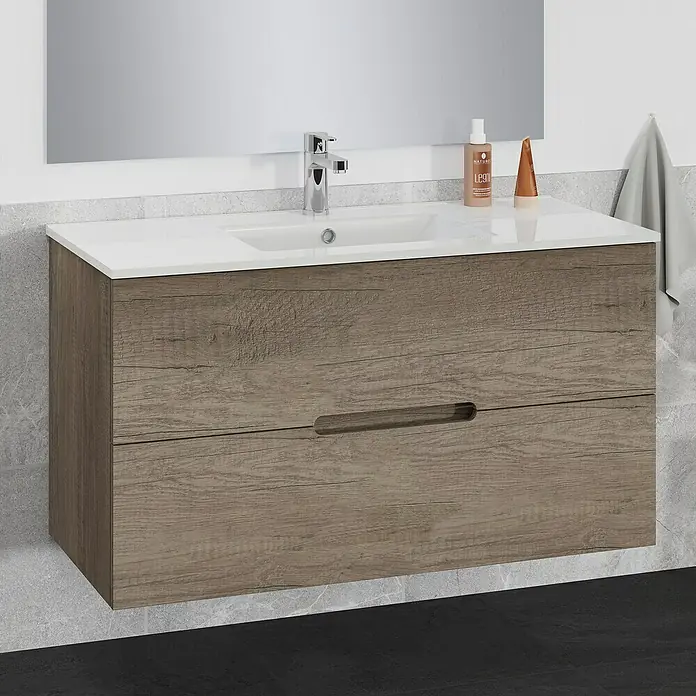 Artysan Mueble bajo de lavabo India Slim - L x An x Al: 39 x 100 x 54,5 cm, Nebraska - Imagen de un mueble de baño moderno con dos cajones y una encimera blanca.