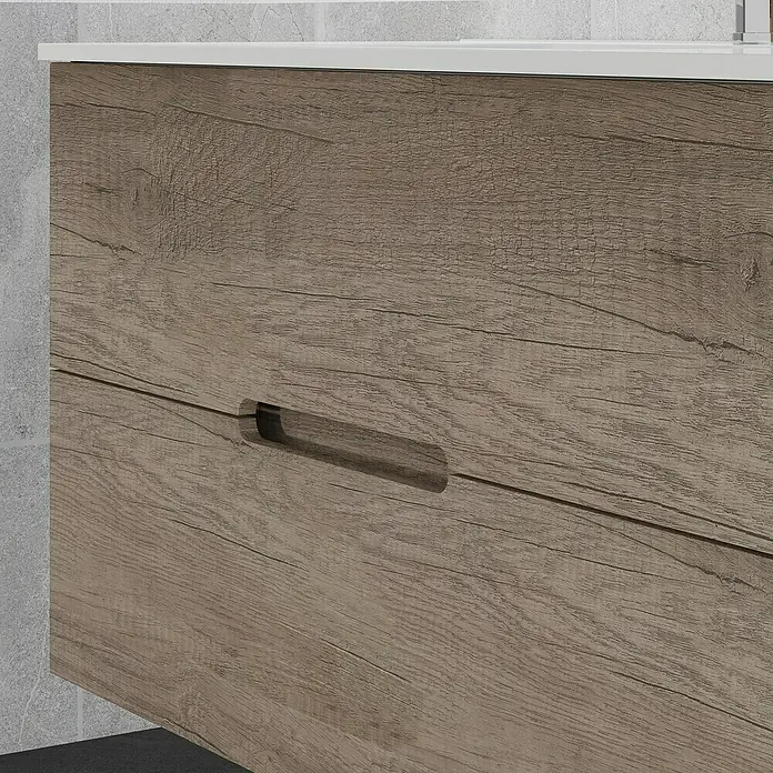 Artysan Mueble bajo de lavabo India Slim - L x An x Al: 39 x 100 x 54,5 cm, Nebraska - Detalle de un mueble de lavabo con aspecto de madera y tirador integrado.