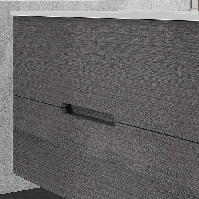 Artysan Mueble bajo de lavabo India Slim - L x An x Al: 39 x 100 x 54,5 cm, Ceniza - Primer plano de un moderno mueble de baño con vetas de madera gris y un diseño de manija minimalista.
