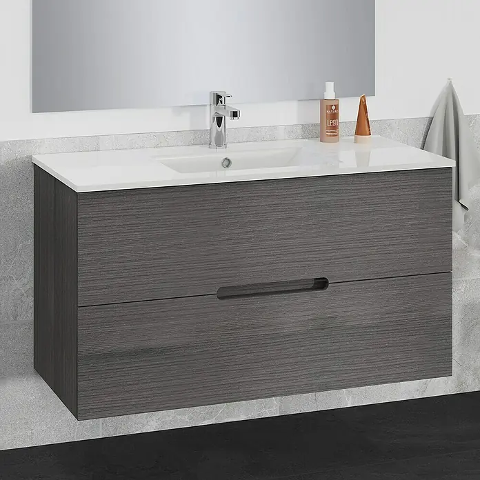 Artysan Mueble bajo de lavabo India Slim - L x An x Al: 39 x 100 x 54,5 cm, Ceniza - Moderno mueble de baño con dos cajones y encimera blanca. Ideal para baños con estilo, que ofrece un almacenamiento práctico.
