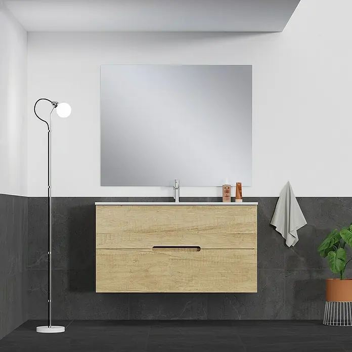 Artysan Mueble bajo de lavabo India Slim - L x An x Al: 39 x 100 x 54,5 cm, Nature - Un moderno tocador de madera con espejo y grifo en un elegante baño.