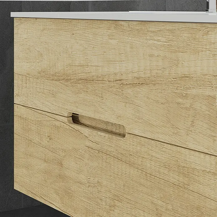Artysan Mueble bajo de lavabo India Slim - L x An x Al: 39 x 100 x 54,5 cm, Nature - Primer plano de un mueble de baño con textura de veta de madera y tirador.