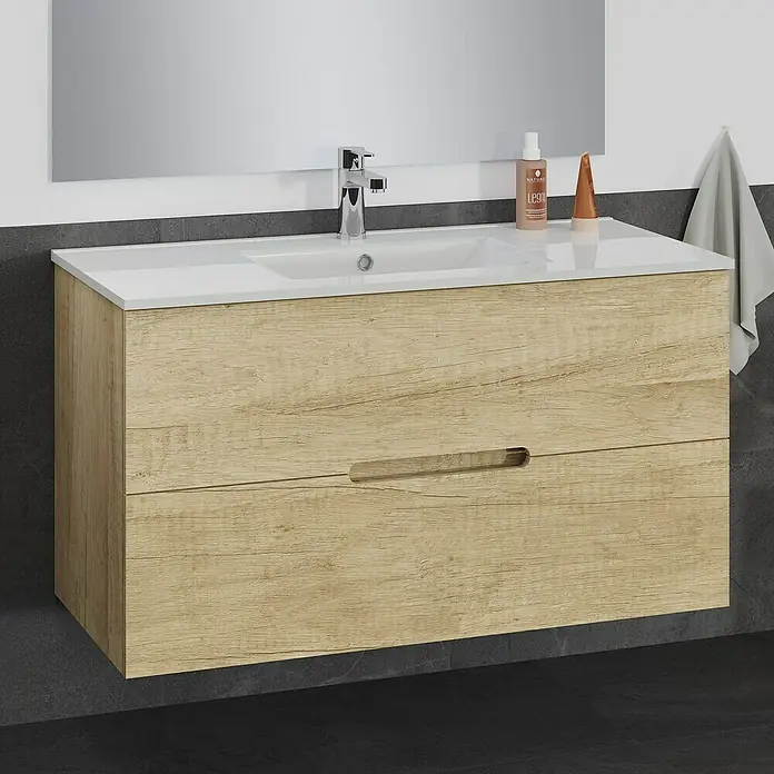 Artysan Mueble bajo de lavabo India Slim - L x An x Al: 39 x 100 x 54,5 cm, Nature - Moderno lavabo de baño con mueble de madera y encimera blanca para un ambiente elegante.