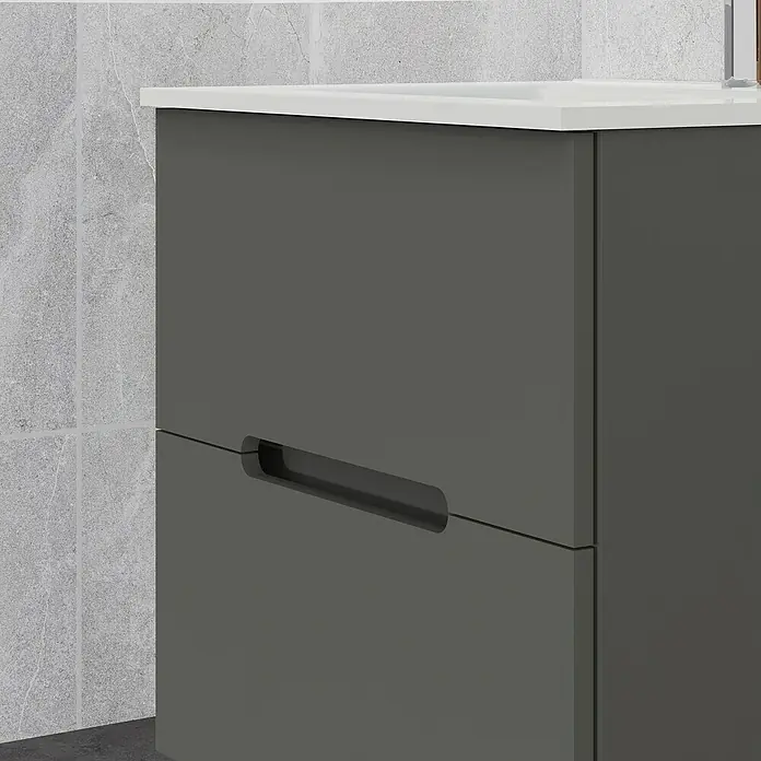 Artysan Mueble bajo de lavabo India Slim - L x An x Al: 39 x 60 x 54,5 cm, Antracita - Primer plano de un moderno mueble de baño gris con cajones y una encimera blanca delante de un fondo alicatado.