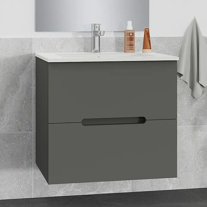Artysan Mueble bajo de lavabo India Slim - L x An x Al: 39 x 60 x 54,5 cm, Antracita - Mueble de baño gris con dos cajones y lavabo blanco, con grifo y productos para el cuidado de la piel sobre una pared alicatada.
