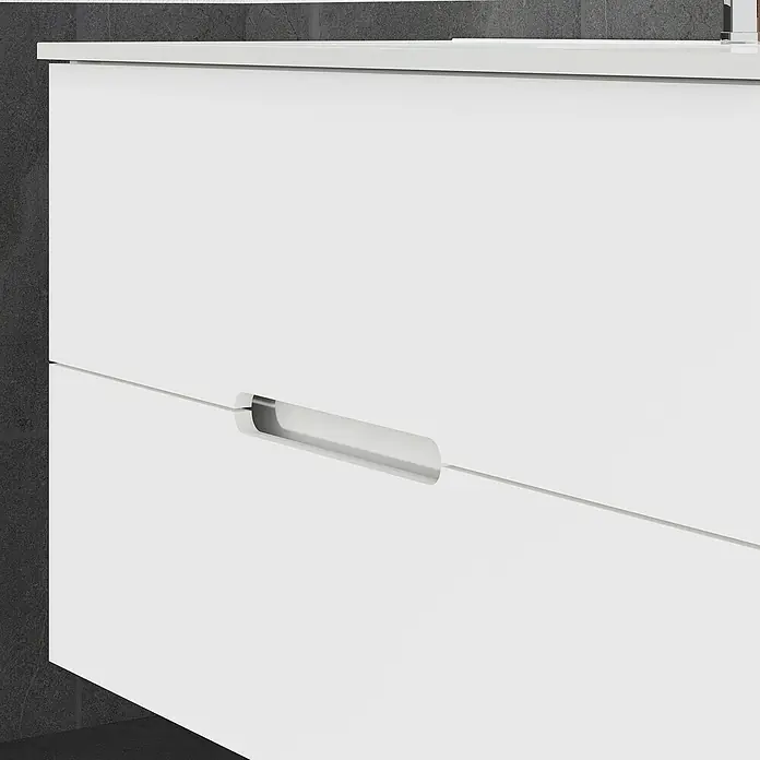 Artysan Mueble bajo de lavabo India Slim - L x An x Al: 39 x 100 x 54,5 cm, Blanco - Primer plano de un armario de baño blanco con un tirador moderno y minimalista, con líneas limpias que muestran un diseño elegante y funcionalidad.