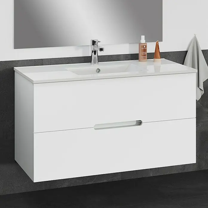 Artysan Mueble bajo de lavabo India Slim - L x An x Al: 39 x 100 x 54,5 cm, Blanco - Un moderno mueble de baño blanco con dos cajones y un elegante lavabo. El diseño es simple y elegante, perfecto para cualquier baño.