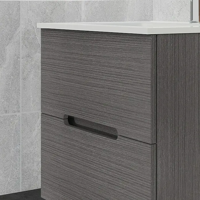 Artysan Mueble bajo de lavabo India Slim - L x An x Al: 39 x 60 x 54,5 cm, Ceniza - Primer plano de un mueble de baño gris con cajón y tirador integrado, ideal para baños modernos.