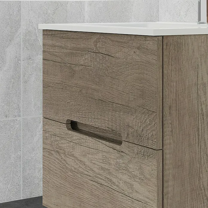 Artysan Mueble bajo de lavabo India Slim - L x An x Al: 39 x 60 x 54,5 cm, Nebraska - Primer plano de un mueble bajo lavabo con textura de madera y tirador integrado.