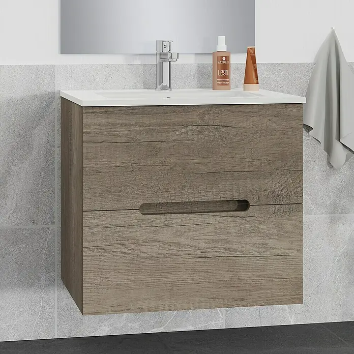 Artysan Mueble bajo de lavabo India Slim - L x An x Al: 39 x 60 x 54,5 cm, Nebraska - Mueble de baño con lavabo y dos cajones en aspecto de madera. Práctico y elegante para cualquier baño.