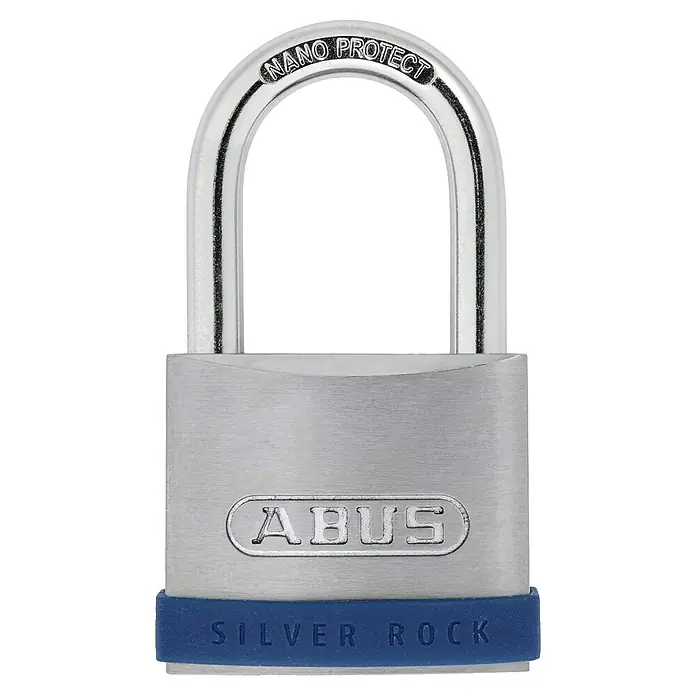 Abus Vorhängeschloss Silver Rock 5/50 Gleichschließend - B x H: 52,2 x 89 mm, Bügelstärke: 8 mm, Zink - Nahaufnahme eines ABUS Silver Rock Vorhängeschlosses mit Nano Protect Beschichtung, ideal für den Außeneinsatz und zur Sicherung von Wertsachen.