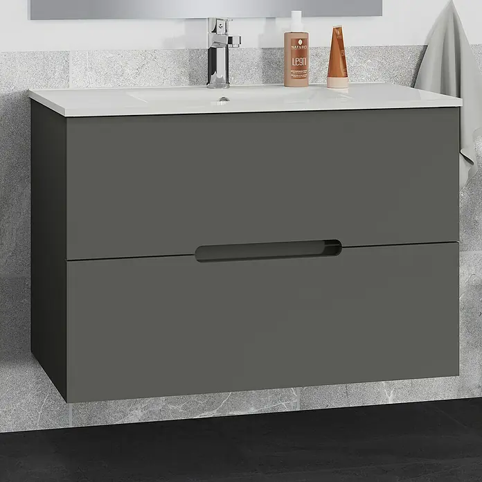 Artysan Mueble bajo de lavabo India Slim - L x An x Al: 39 x 80 x 54 cm, Gris seda - Primer plano de un moderno mueble de baño gris con lavabo, grifo y artículos de tocador.
