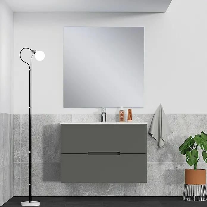 Artysan Mueble bajo de lavabo India Slim - L x An x Al: 39 x 80 x 54 cm, Gris seda - Mueble de baño gris con espejo, grifo y artículos de aseo. Diseño minimalista para un baño moderno.