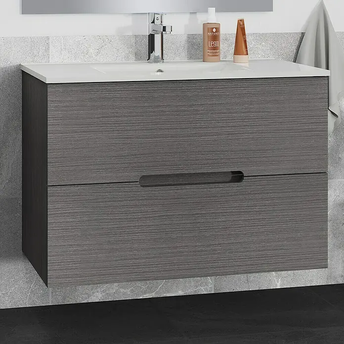 Artysan Mueble bajo de lavabo India Slim - L x An x Al: 39 x 80 x 54 cm, Gris ceniza - Mueble de baño gris con dos cajones y lavabo de encimera blanco para baños modernos.\n