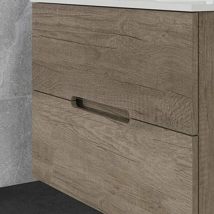 Artysan Mueble bajo de lavabo India Slim - L x An x Al: 39 x 90 x 54,5 cm, Nebraska - Vista detallada de un mueble de baño con cajón de aspecto de madera, que combina espacio de almacenamiento y diseño moderno.