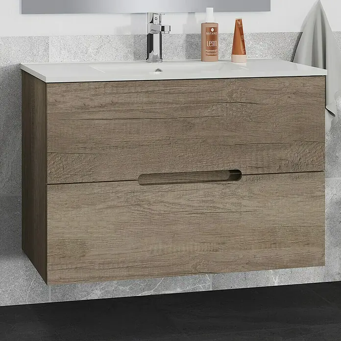 Artysan Mueble bajo de lavabo India Slim - L x An x Al: 39 x 90 x 54,5 cm, Nebraska - Un moderno mueble de baño con textura de madera y lavabo blanco. El mueble ofrece espacio de almacenamiento con cajones de diseño limpio.