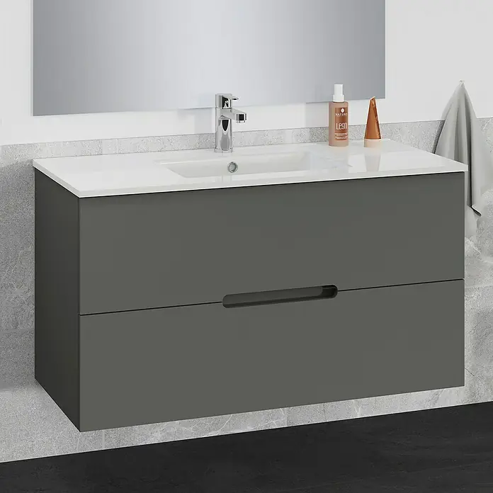 Artysan Mueble bajo de lavabo India - An x Pr x Al: 100 x 46 x 54,5 cm, Antracita - Un moderno mueble de baño gris con dos cajones y una encimera blanca con lavabo integrado.