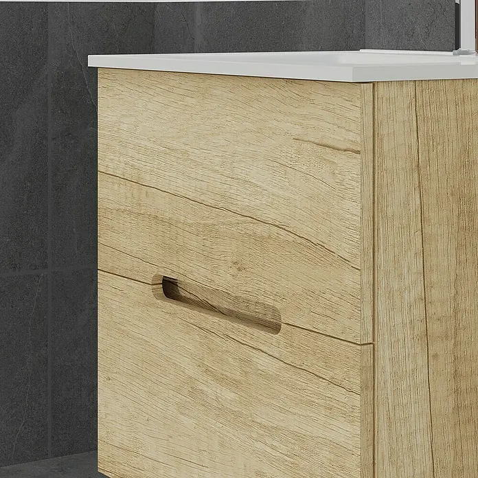 Artysan Mueble bajo de lavabo India Slim - L x An x Al: 39 x 70 x 55 cm, Natural - Primer plano de un mueble de baño con textura de madera y tirador integrado, parte de un diseño de baño moderno.