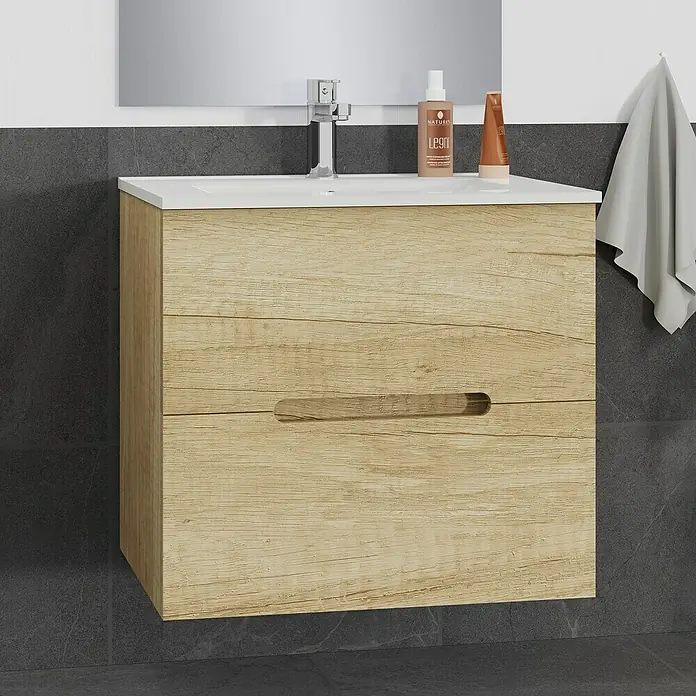 Artysan Mueble bajo de lavabo India Slim - L x An x Al: 39 x 70 x 55 cm, Natural - Un moderno tocador con dos cajones de aspecto de madera y un lavabo sobre encimera blanco, ideal para cualquier baño.