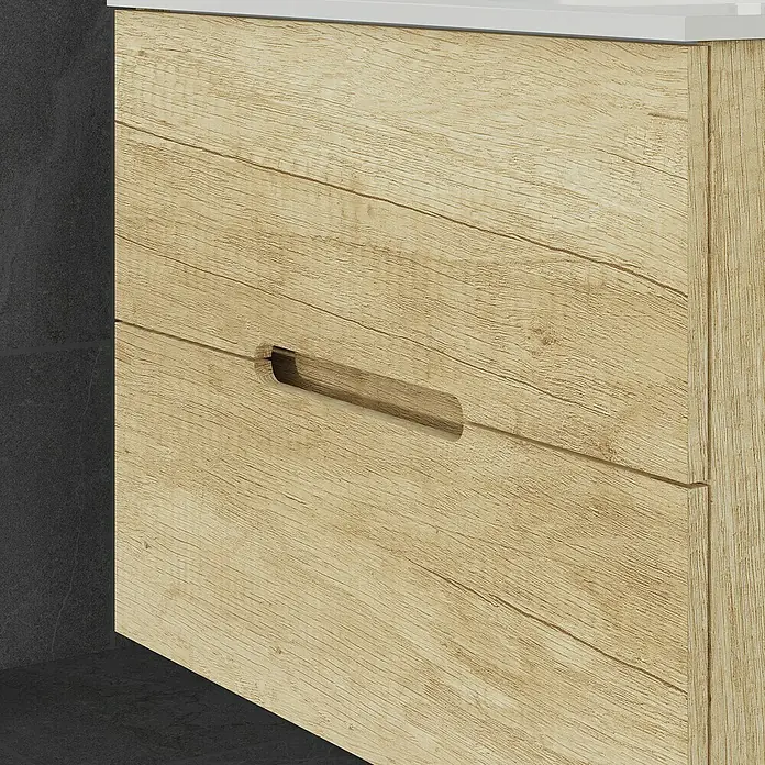 Artysan Mueble bajo de lavabo India Slim - L x An x Al: 39 x 80 x 54 cm, Nature - Primer plano de un armario de madera clara con cajón y tirador minimalista. Diseño elegante para baños modernos.