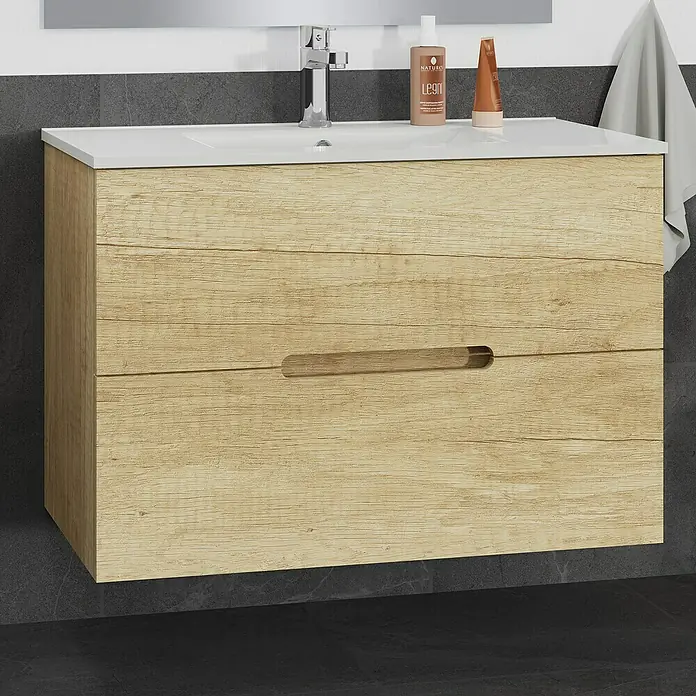 Artysan Mueble bajo de lavabo India Slim - L x An x Al: 39 x 80 x 54 cm, Nature - Un moderno mueble de baño con textura de madera y lavabo blanco, que combina funcionalidad y estilo.