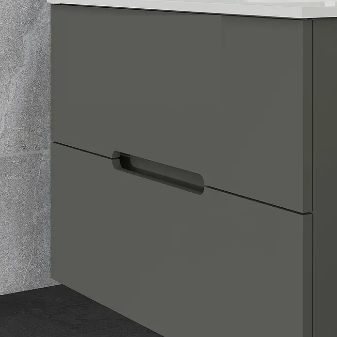 Artysan Mueble bajo de lavabo India Slim - L x An x Al: 39 x 80 x 54 cm, Gris seda - Mueble de baño gris con cajones y tiradores empotrados bajo una encimera blanca, frente a una pared gris.