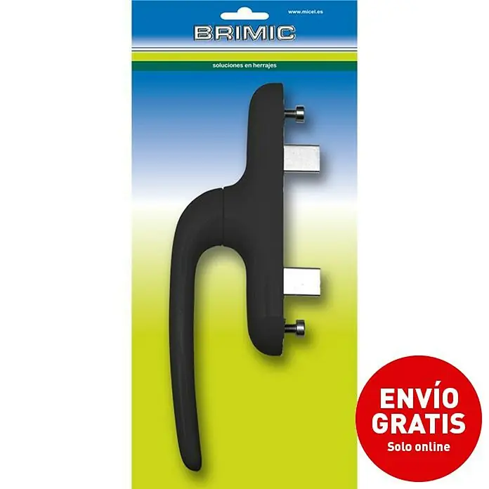 Micel Brimic Manilla para ventana 6829 - Largo: 26 cm, Negro, Aluminio - Primer plano de una manija de ventana negra BRIMIC en su embalaje, ideal para soluciones de ventanas modernas.