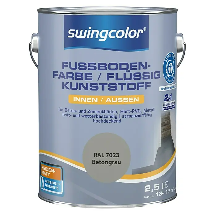swingcolor 2in1 Fußbodenfarbe / Flüssig Kunststoff 2in1 RAL 7023 - Betongrau, 2,5 l, Seidenmatt - Dose Swingcolor Fussbodenfarbe für Innen & Außen, seidenglänzend, wasserbasiert, Farbton Betongrau (RAL 7023), geeignet für Beton-, Zementböden.