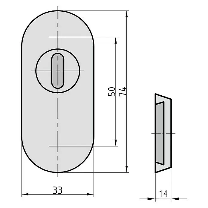 Basi Schlüsselschild SR 4100 ZA -  - Technische Zeichnung eines ovalen Schließnockens mit Schlüsselloch, Ansichten mit Maßen 74x33x14mm.