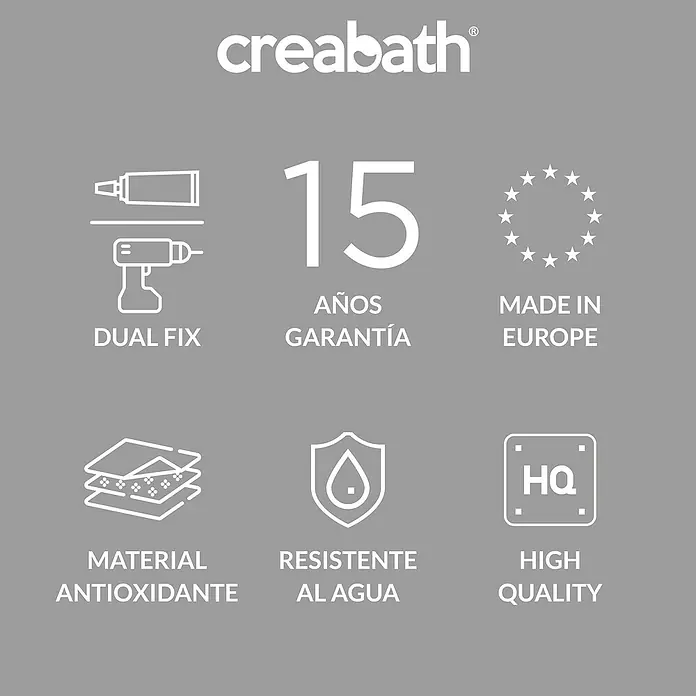 Creabath Elegance Toallero de barra abierto - Largo: 20,8 cm, Cromo - Esta imagen muestra las características del producto Creabath, como una garantía de 15 años, doble fijación y material antioxidante.