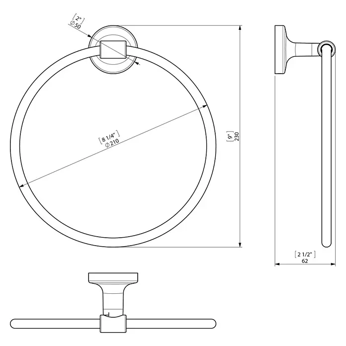 Creabath Infinity Toallero de anilla - Cromo, Resplandeciente - Dibujo detallado de un toallero de aro con dimensiones en pulgadas y milímetros para la descripción del producto.