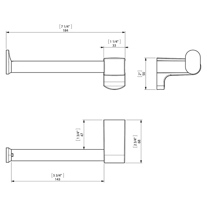 Creabath Decoart Portarrollos de reserva - Tipo de montaje: Atornillado, Resplandeciente - Dibujo técnico de un toallero con dimensiones en pulgadas y milímetros.