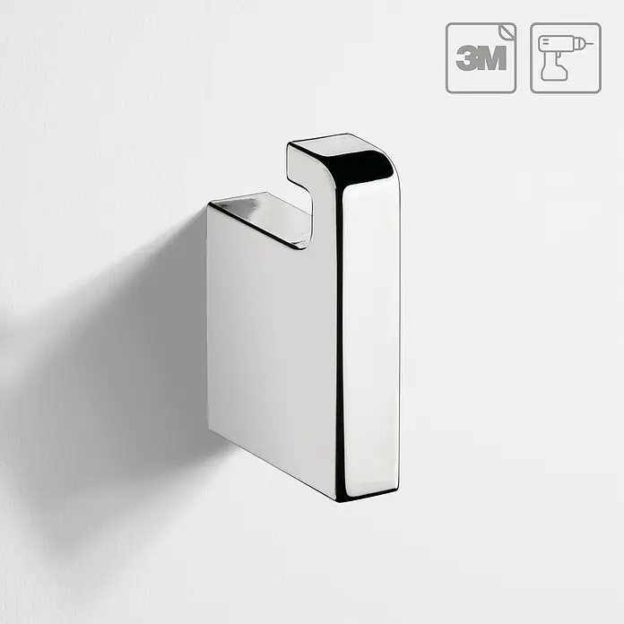 Creabath City Colgador - Número de ganchos: 1 ud., Cromo, Resplandeciente - Primer plano de un gancho individual cromado con adhesivo 3M o montaje de perforación. El colgador de pared tiene un diseño moderno y minimalista.