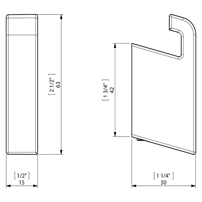 Creabath City Colgador - Número de ganchos: 1 ud., Cromo, Resplandeciente - Un dibujo técnico del gancho con dimensiones 63 x 30 x 15 mm y altura de gancho de 42 mm para detalles técnicos.