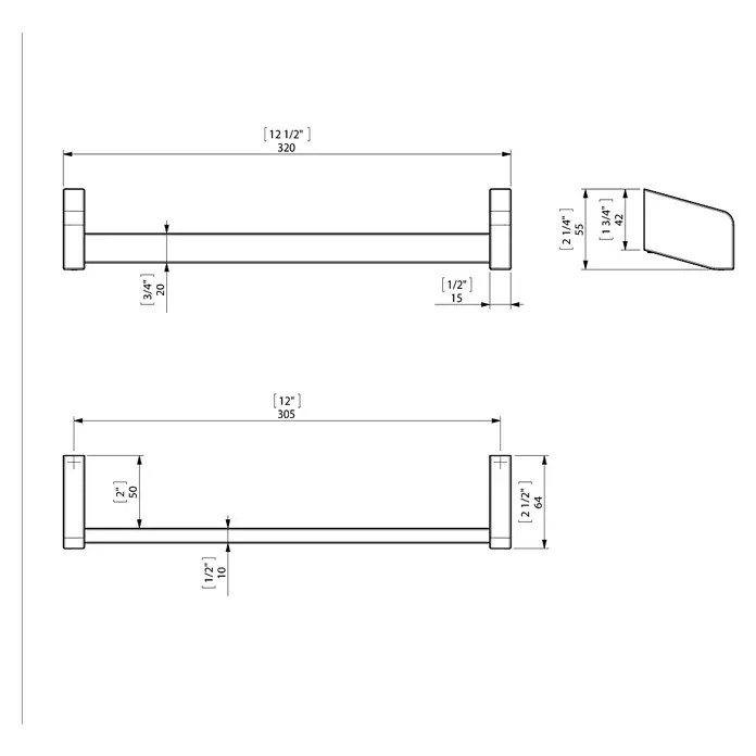 Creabath City Toallero de barra - Ancho: 32 cm, Cromo - Dibujo técnico de un toallero con detalles de dimensiones, mostrando dimensiones y aspectos de diseño.